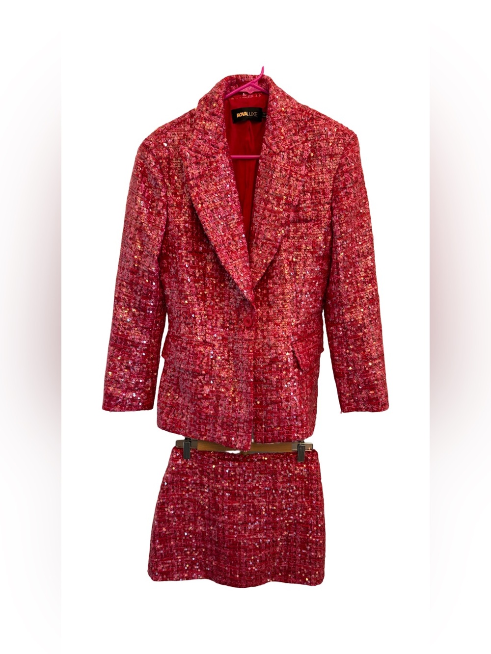 Novaluxe Pink Sequin Tweed Blazer Skirt Set Sparkle Party Holiday Small